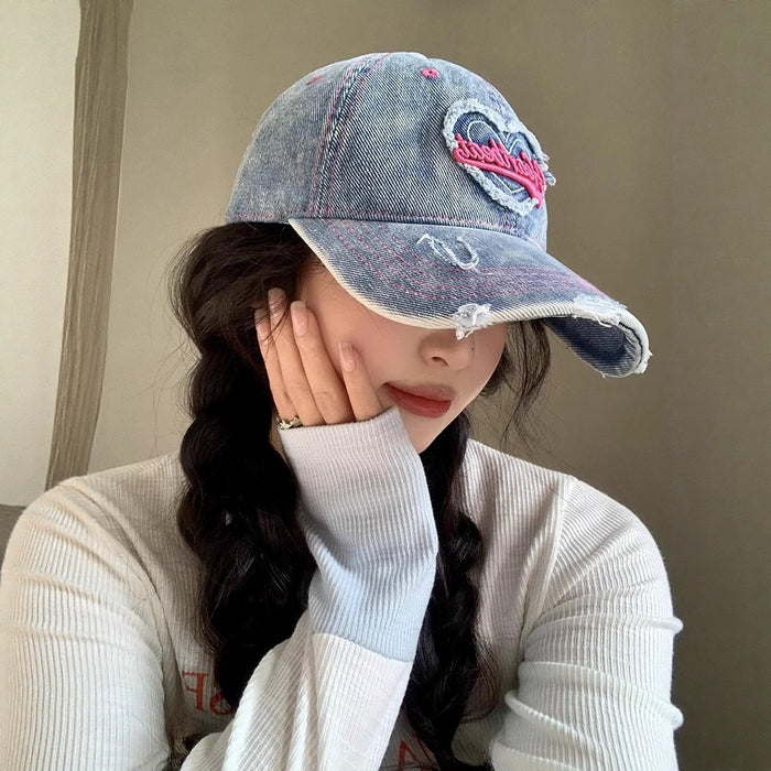 Wholesale Love washed denim baseball cap, retro distressed distressed, wide brim duckbill cap
