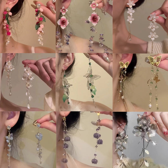 Wholesale Butterfly tassel earrings with sweet flowers, long earrings with exquisite temperament, and delicate earrings
