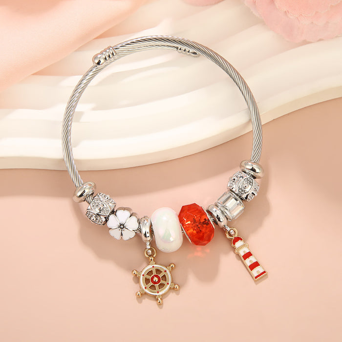 Wholesale Sailboat,  Lifebuoy,  and Lighthouse Alloy Pendant Stainless Steel Bracelet