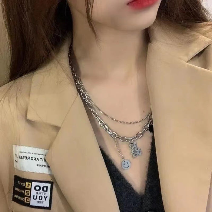 Wholesale Double layered necklace, light luxury, niche design, smiling face, collarbone chain