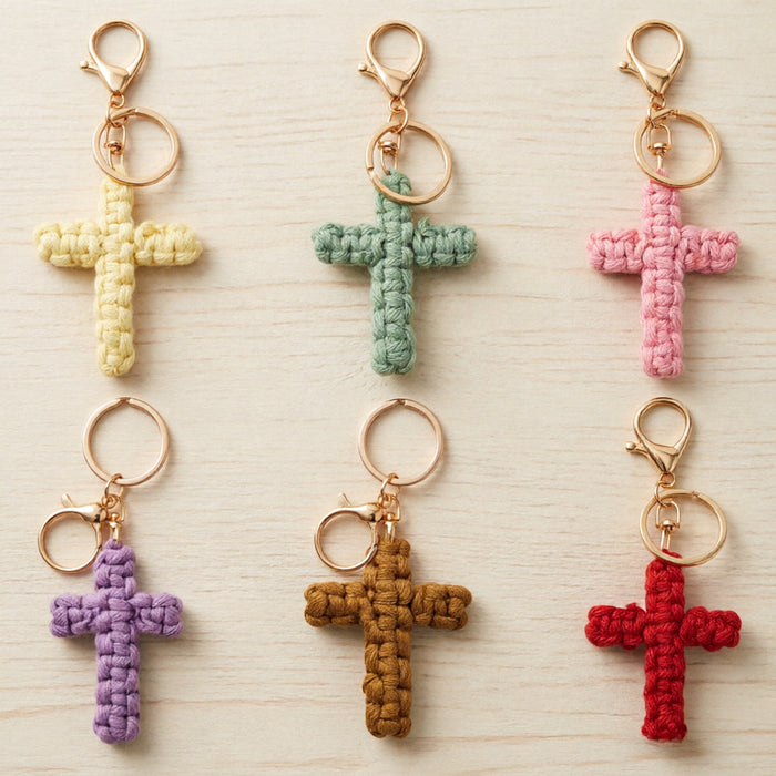 Wholesale Cotton Rope Cross Keychain Handmade Car Key Accessory Pink Pendant Gift