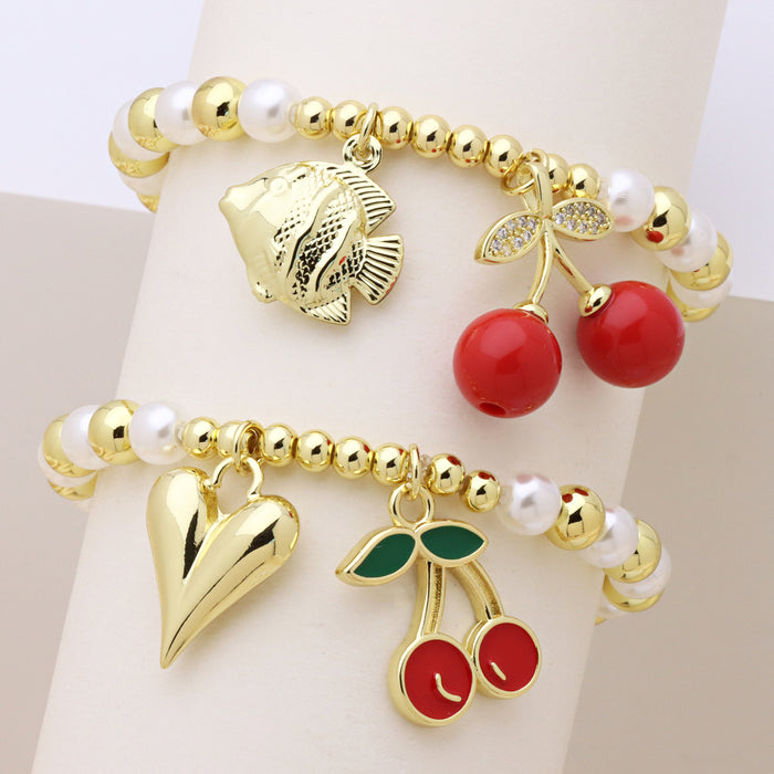 Wholesale Round copper bead clip pearl bracelet cherry sun starfish scallop fish love heart pendant