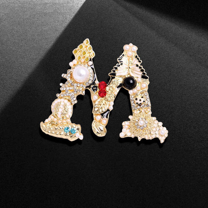 Wholesale Rhinestone letter brooch with diamond and pearl buckle,  dress coat pin to decorate shoes and bags