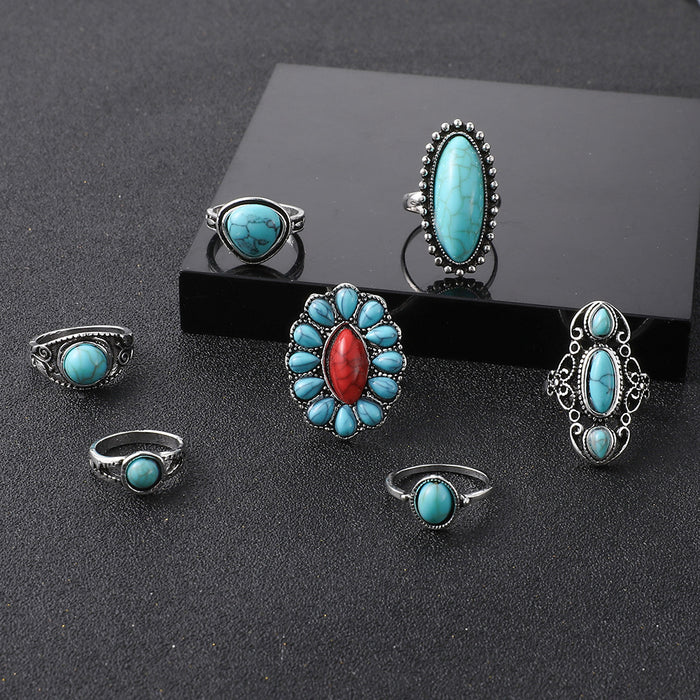 Wholesale 2pcs retro Bohemian turquoise 7 pieces set ring