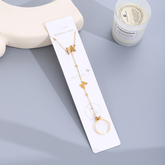 Wholesale Fashion girl bracelet with frosted butterfly titanium steel beads, adjustable opening ring, finger chain