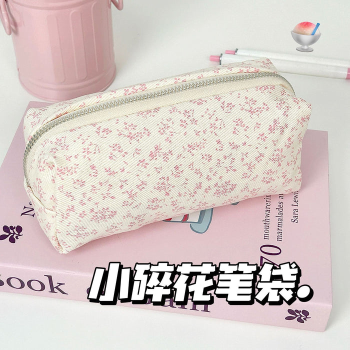 Wholesale Canvas Cream Floral Pencil Case Large Capacity Makeup Bag