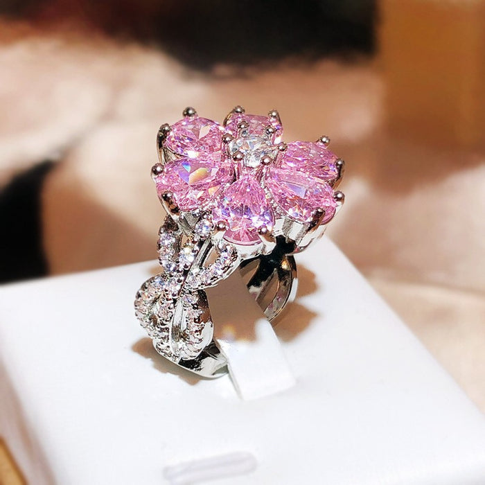 Wholesale Cross-border hot sale fashion light luxury pink heart-shaped zircon ring female sweet super shiny pink diamond flower ring bracelet