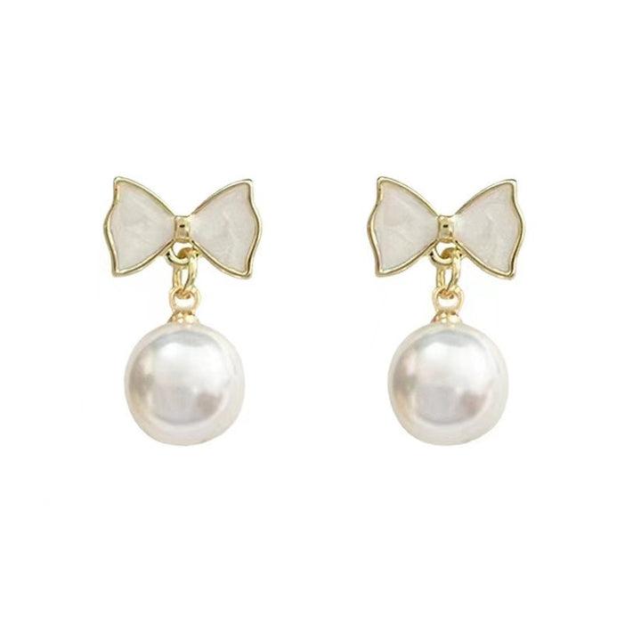 Wholesale New pearl bow pearl earrings, fashionable oil dripping accessories, high-end and versatile trendy earrings