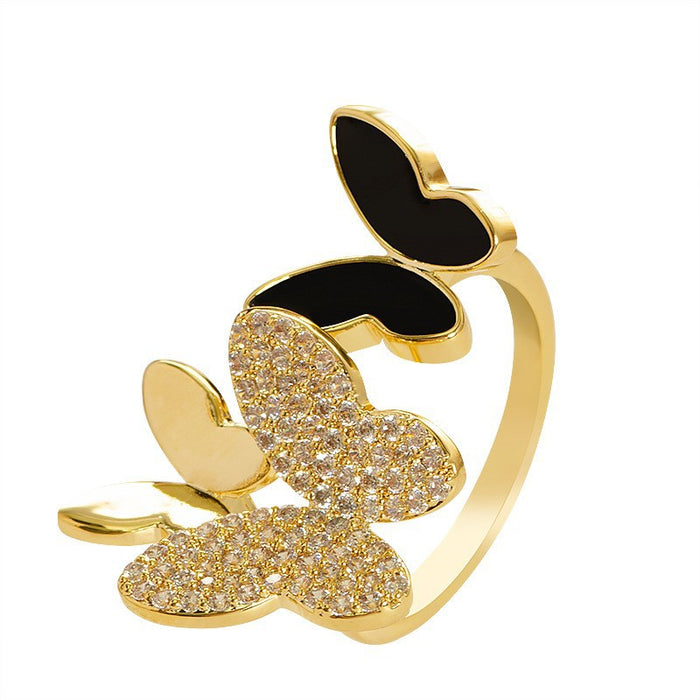 Wholesale Diamond-Encrusted Zircon Butterfly Open Ring Adjustable Finger Ring