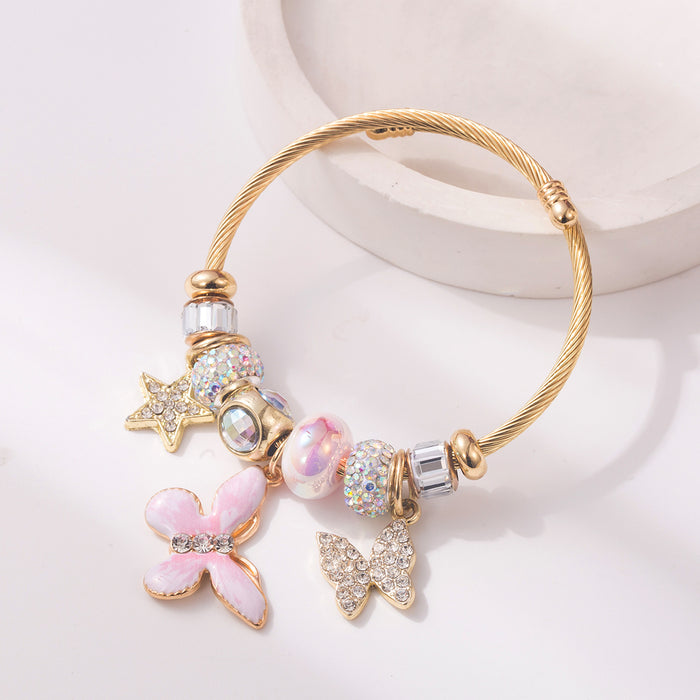 Wholesale Trendy Pink Adjustable Stainless Steel Bangle Bracelet With Rhinestone Butterfly Pendant And Star Accents Fashion Accessory For Resale