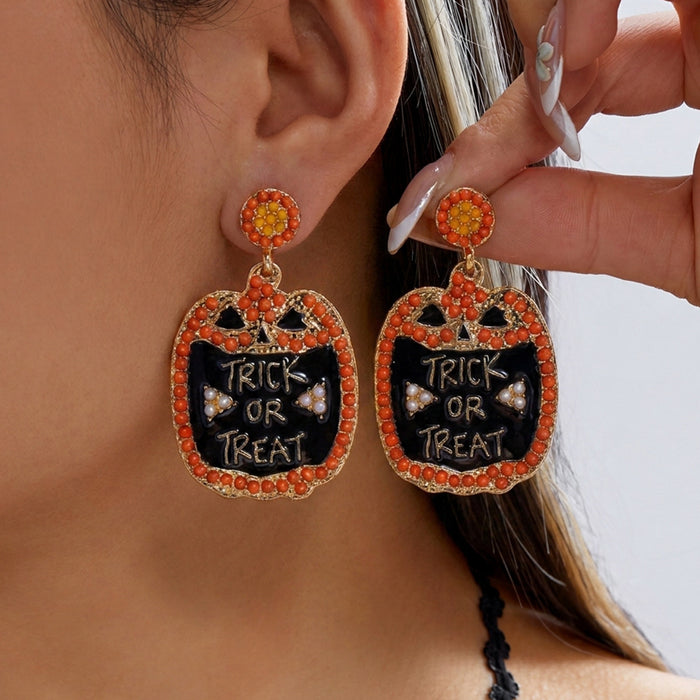 Wholesale Funny Cartoon Pumpkin Earrings Creative Graffiti Design With Pearl And Rhinestone Accents Women S Alloy Fashion Accessory