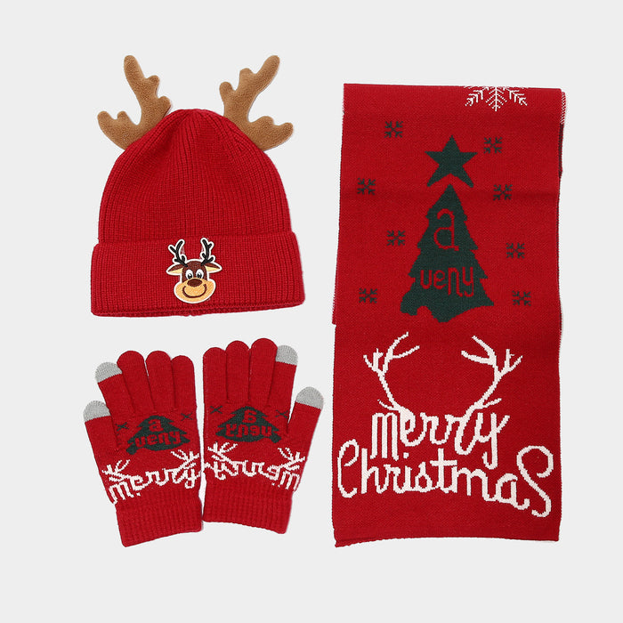 Wholesale Cute Christmas reindeer children' s knitted hat f and gloves three-piece set