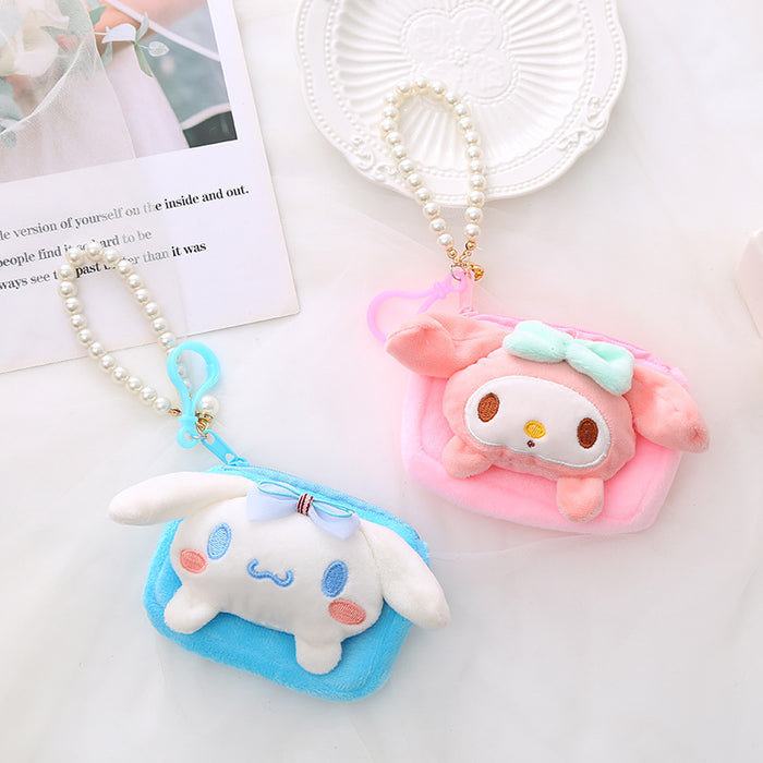 Wholesale Cute Sanrio Plush Coin Purse Female Creative Cartoon Coin Bag ID Bag Pearl Lanyard Gift JDC-WT-XG003