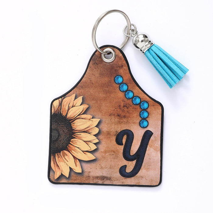 Wholesale Leather Sunflower Letter Tassel Keychain Pendant
