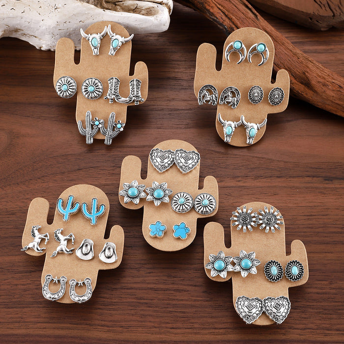 Wholesale Horseshoe Cactus Heart Shape Cowboy Boots Earring Set Western Cowboy Earring Set