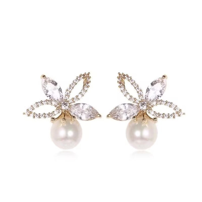 Wholesale Mapei Pearl Zircon Flower Earrings, Versatile and Exquisite Niche Earrings