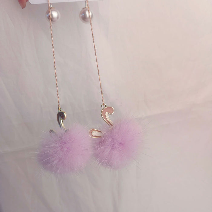 Wholesale Cute  Rabbit Mink Hair Ball Long Earrings Tassel Plush Earrings