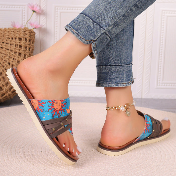 Wholesale  plus size Flat Bottom Flower Flip-Flops Women's  Printed Rivet Flat Bottom Beach Sandals