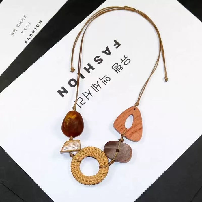 Wholesale New Geometric Wooden Handmade Necklace Light Luxury Vine Knitted Sweater Chain