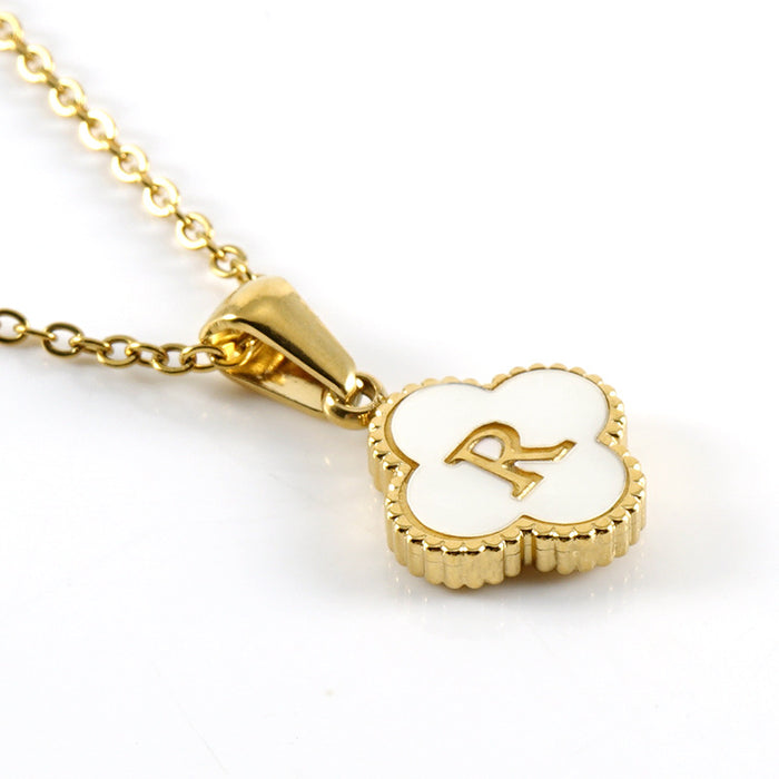 Wholesale Shell Letter Four Leaf Clover Pendant 18K Gold Stainless Steel Necklace JDC-NE-ZhongX005