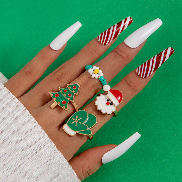 Wholesale Alloy Drip Oil Christmas Ring Set 4-Piece Geometry Snowflake Design Fashion Jewelry Accessory MOQ≥2