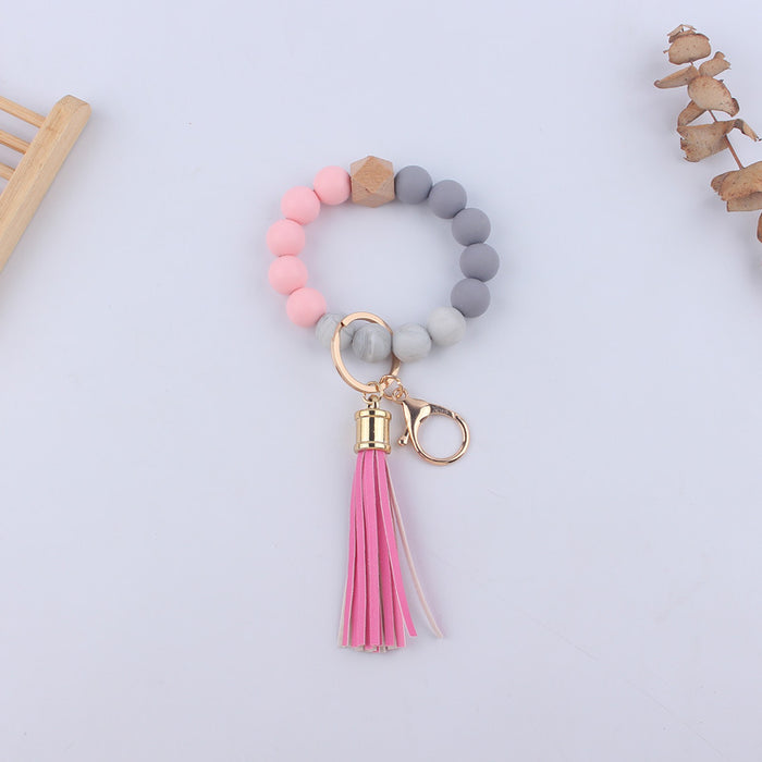 Wholesale Silicone Leather PU Short Tassel DIY Leopard Beaded Bracelet Keychains JDC-KC-GuangTian046