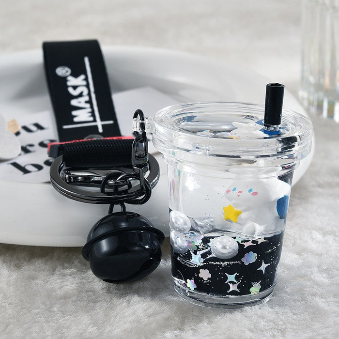 Wholesale Black and gold glitter bottle milk tea cup oil-filled acrylic keychain