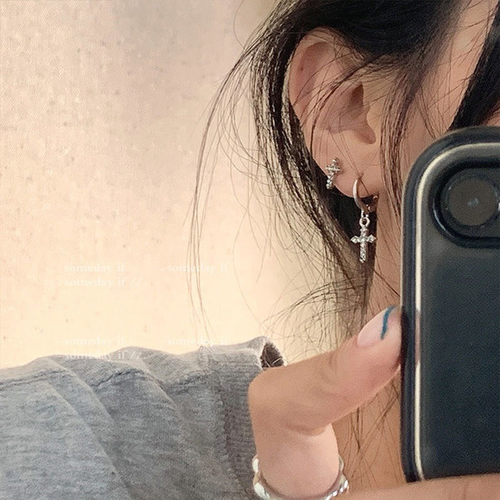 Wholesale Silver Needle Asymmetric Diamond Cross Earpin Charm Earclip Fashion Earaccessory