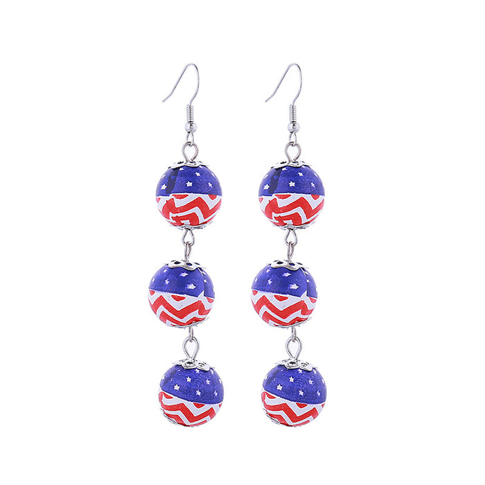 Wholesale American Independence Day Colorful Printed Flag Wooden Beads Long Round Bead Pendant Earrings JDC-ES-ChouTteng018