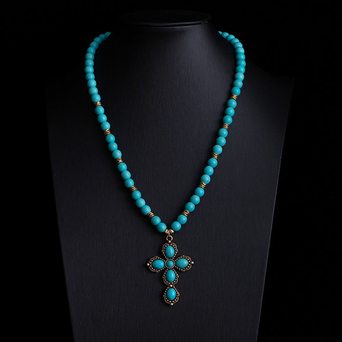 Wholesale Retro ethnic style turquoise necklace Western cowboy style stacking necklace high-end Bohemian sweater chain
