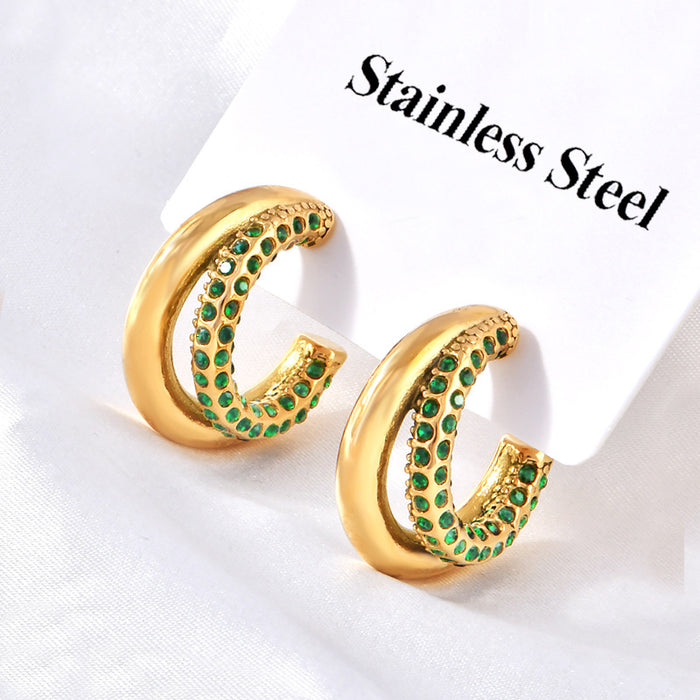 Wholesale Gold-Plated Stainless Steel Double-Layer Smooth Hoop Earrings with Diamonds