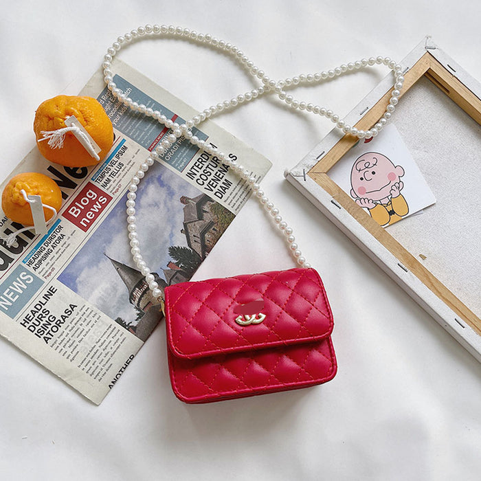Wholesale Children's bag diamond grid embroidery thread mini pearl chain crossbody bag shoulder bag