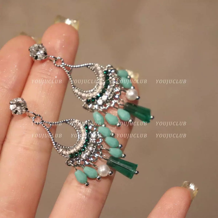 Wholesale Silver Needle Diamond Crystal Diamond Tassel Earrings High Sense Earrings Ethnic Style Retro Earrings