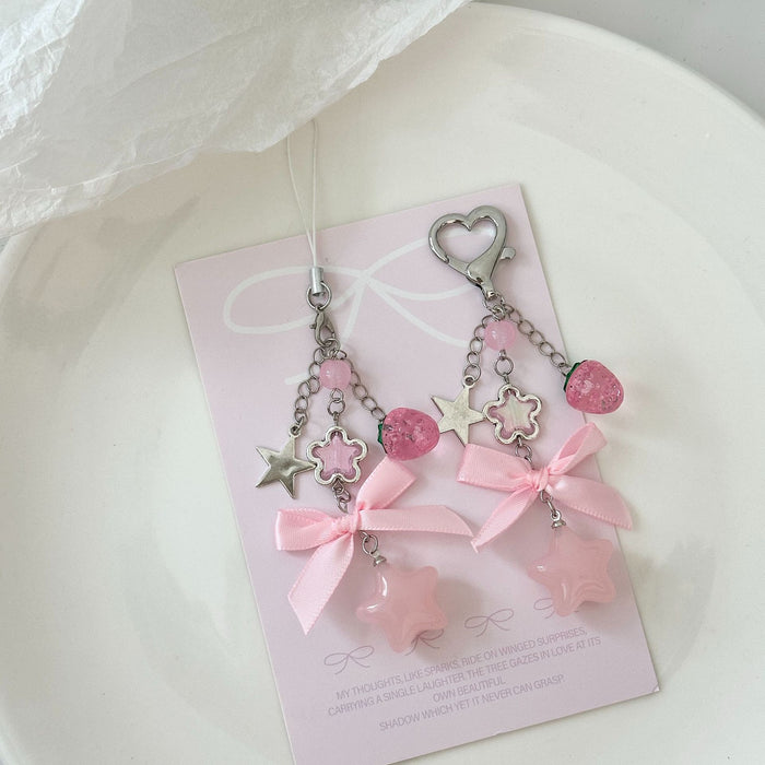 Wholesale Flower Star Beaded Mobile Phone Pendant Bag Strawberry Bow Keychain