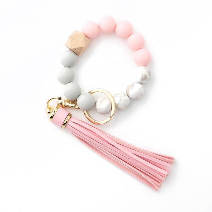 Wholesale Keychains PU Silicone Beads Wooden Beads Anti-lost Wrist JDC-KC-NuoYi020