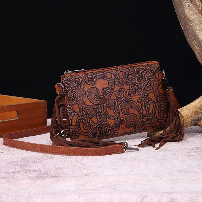 Wholesale Vintage Cotton and Linen Print Western Bohemian Leather Carving Hand Wallet Crossbody Women' s Bag
