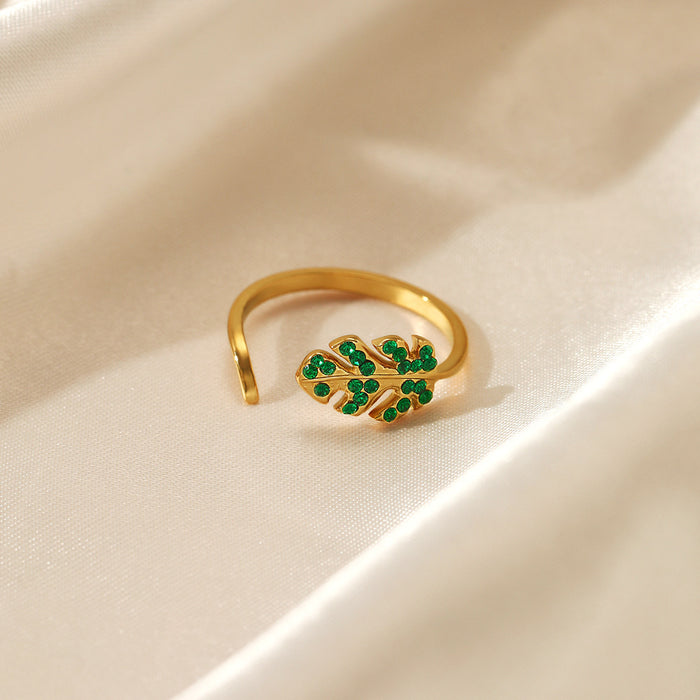 Wholesale Leaves Diamond Stainless Steel Ring Green Diamond Adjustable Ring for Women