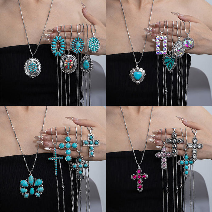 Wholesale Retro Western style natural turquoise necklace,  retro versatile titanium steel chain,  ethnic accessories