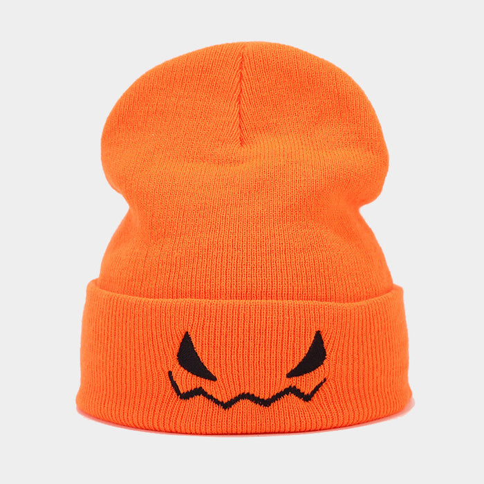 Wholesale Halloween Pumpkin Little Devil Embroidery Orange Wool Knitted Hat JDC-FH-LvYi057