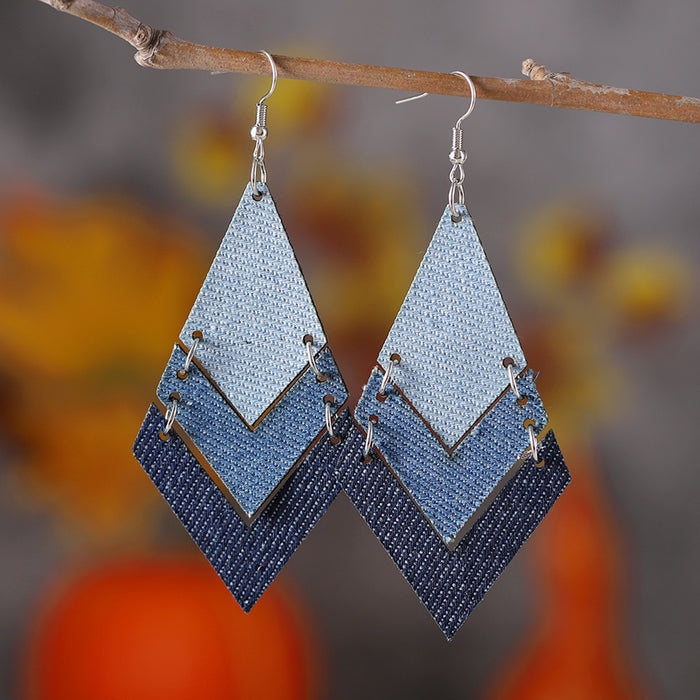 Wholesale Gradient blue denim geometric triple ing earrings Western Bohemian denim leather earrings