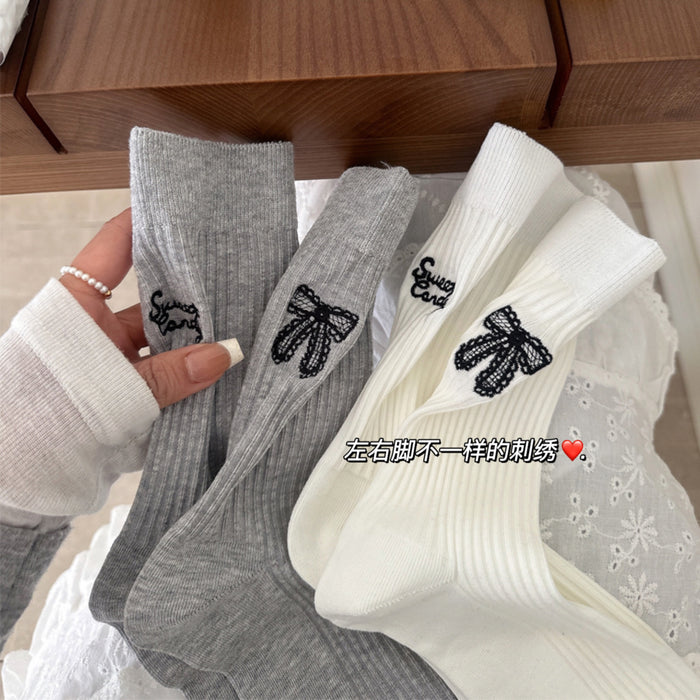 Wholesale Pile up socks, bow embroidery, mid length socks, embroidered cotton socks