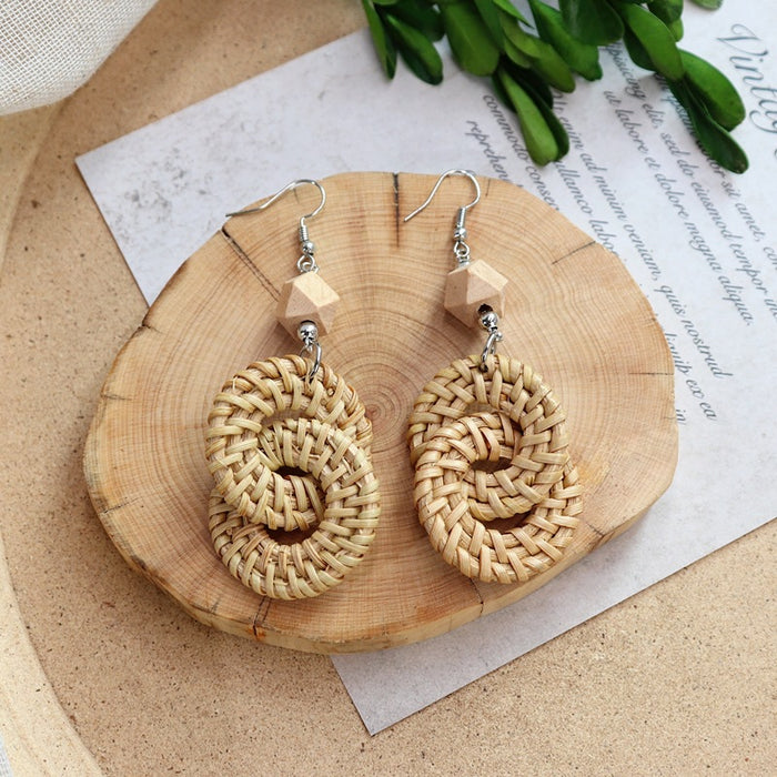 Wholesale Rattan Woven Ethnic Style Wooden Earrings JDC-ES-Luox010