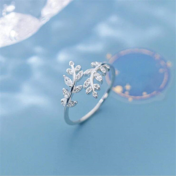 Wholesale S925 Sterling Silver Ring Diamond Leaf Branch Open Ring