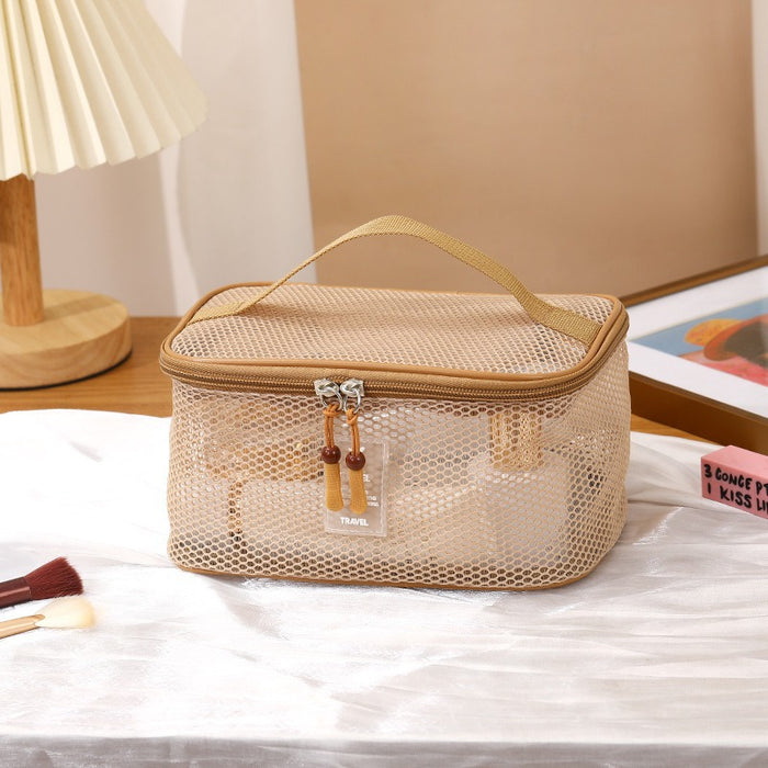 Wholesale Modern Multifunctional Mesh Cosmetic Bag 3 Piece Set Large Capacity Portable Foldable Travel Toiletry Organizer Handbag Pink