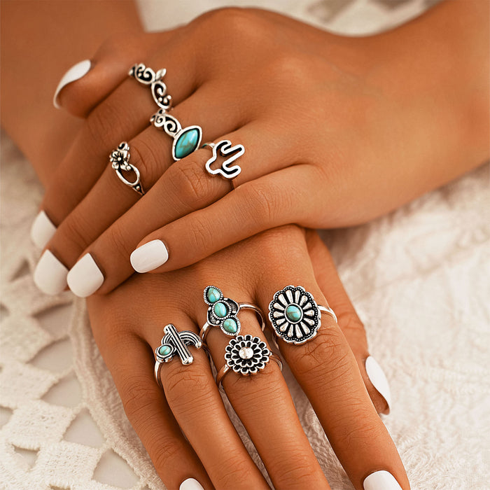 Wholesale Retro Turquoise Cactus Flower 8-Piece Set Rings