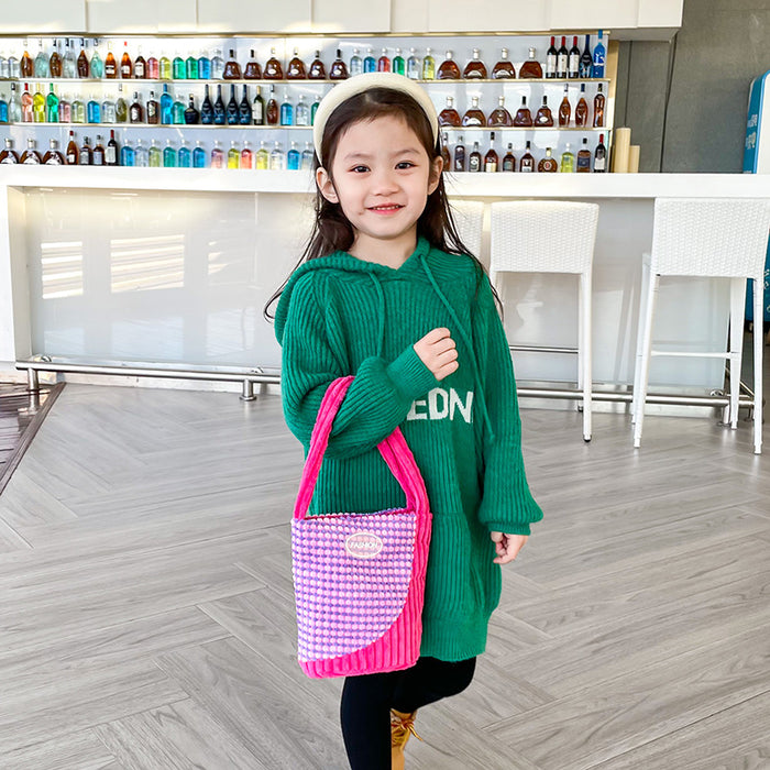 Wholesale Corduroy Children's Bag Fashion Contrast Color Casual Handheld Shoulder Bucket Bag  JDC-HB-YuanDuo006