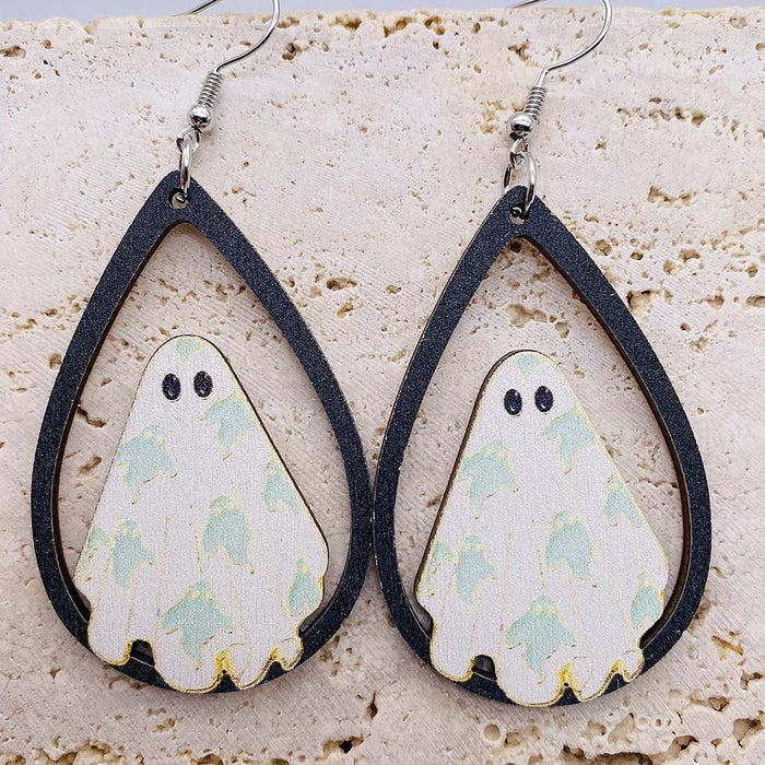 Wholesale Wooden earrings with ghost pumpkin print pendant earrings,  new  wooden earrings