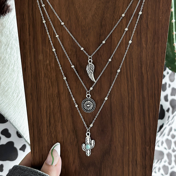 Wholesale Western Denim Style Hat Turquoise Multi-layer Necklace Women' s Vintage Flower Plate All-match Necklace