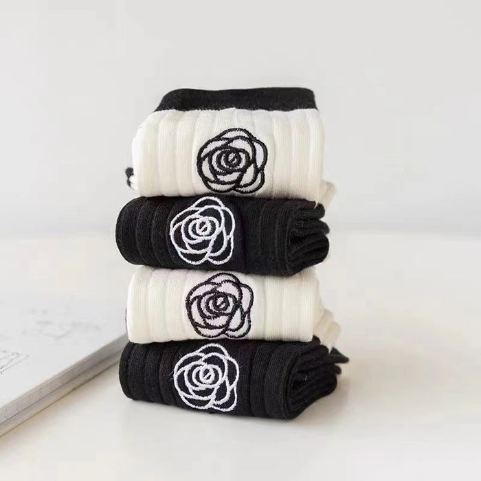 Wholesale Rose embroidery, sweet and comfortable vertical stripes, pure cotton mid tube women's socks