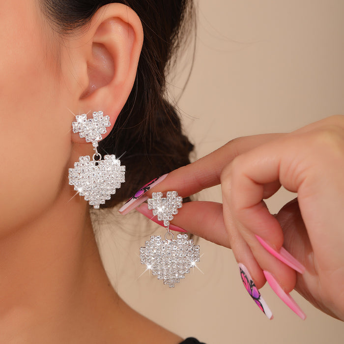 Wholesale Diamond studded double heart earring pendant with versatile temperament and earrings